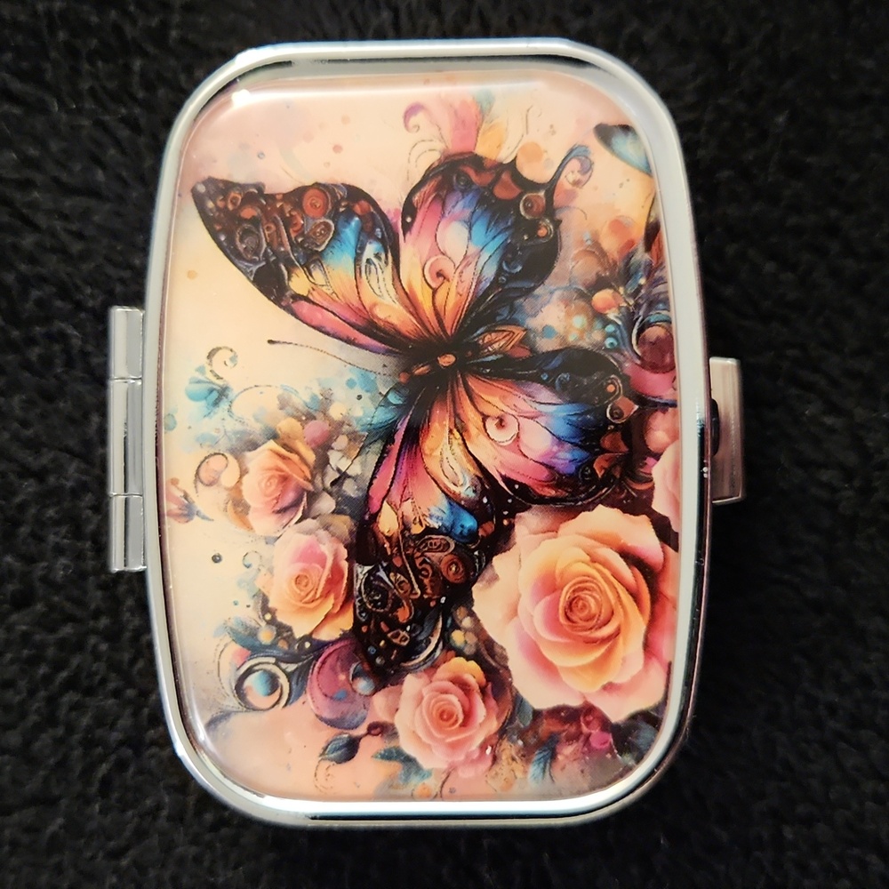 NEW - PILL CASE...PILL CONTAINER...WITH A MIRROR - BUTTERFLY
